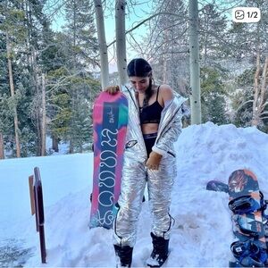 Silver Snowsuit with Colorful Snowboard
